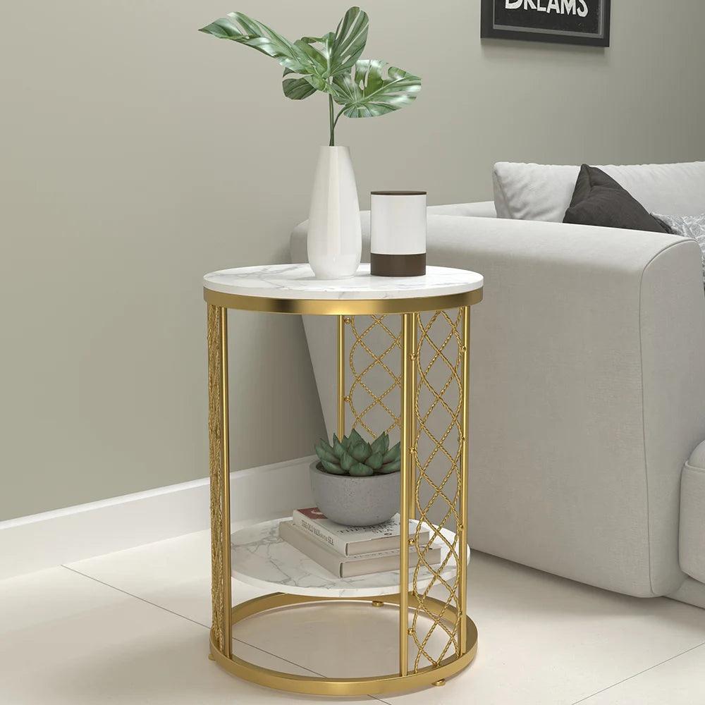 Stainless Steel Ss Corner Table Golden With White Top - Allure Box