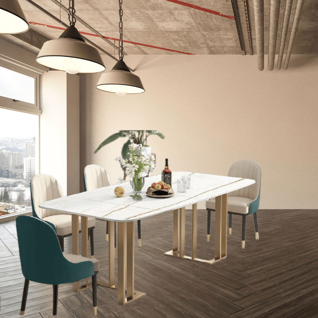 White Dining Table With Rectangular Sintered Stone Top & Metal Frame (4 Seater) - Allure Box