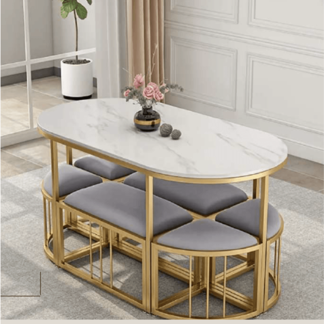 White Oval Dining Table With Stools Top & Metal Frame Stainless Steel (4 Seater) - Allure Box