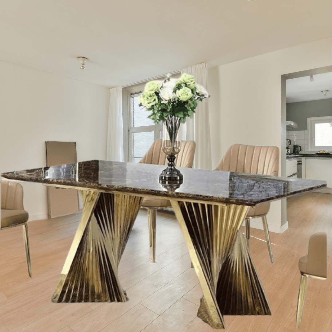 Espresso Modern Dining Table With Marble Top & Stainless Steel Pedestal Rectangle (4 Seater) - Allure Box