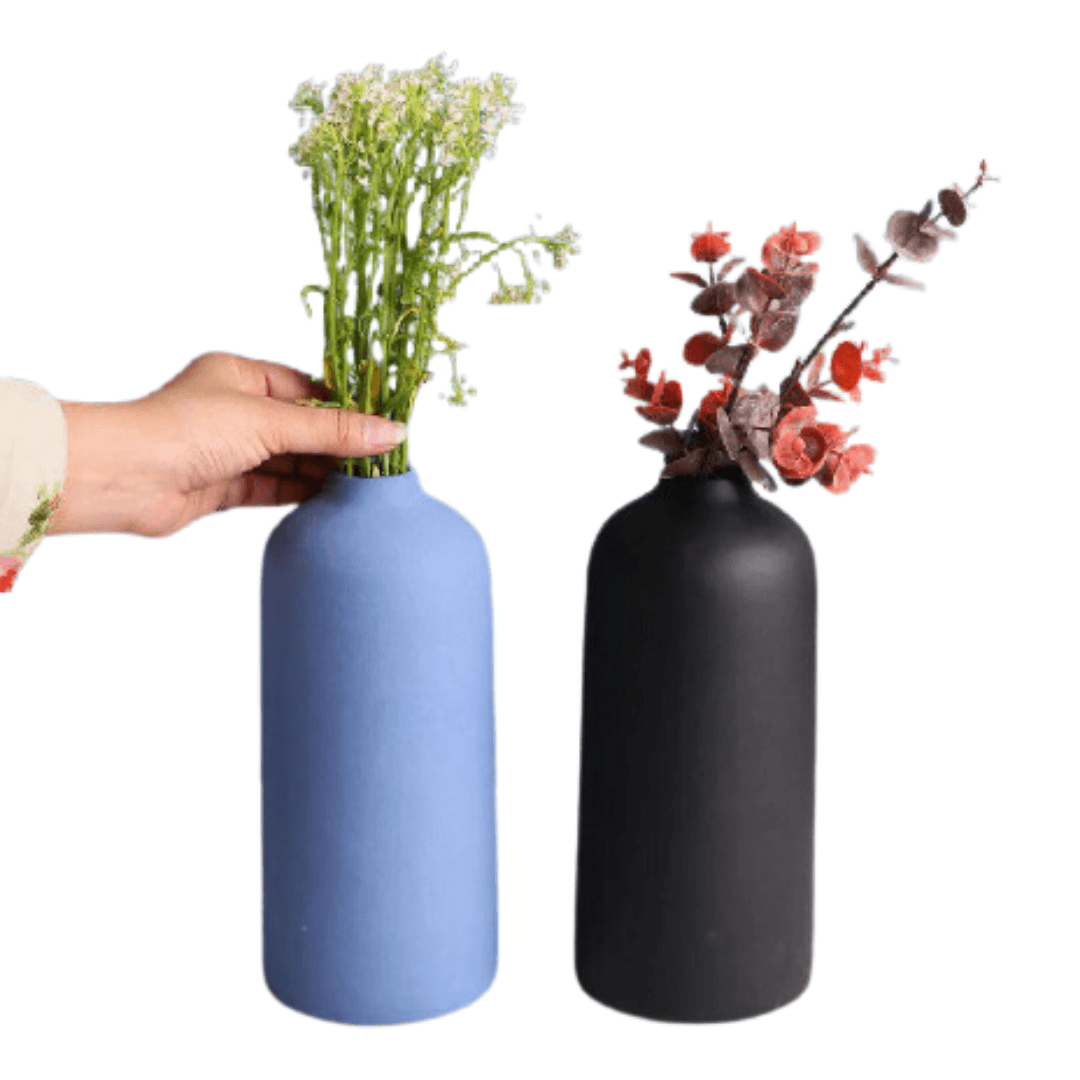Blue & Black 2 Pieces Matt Ceramic Flower Vases - Allure Box