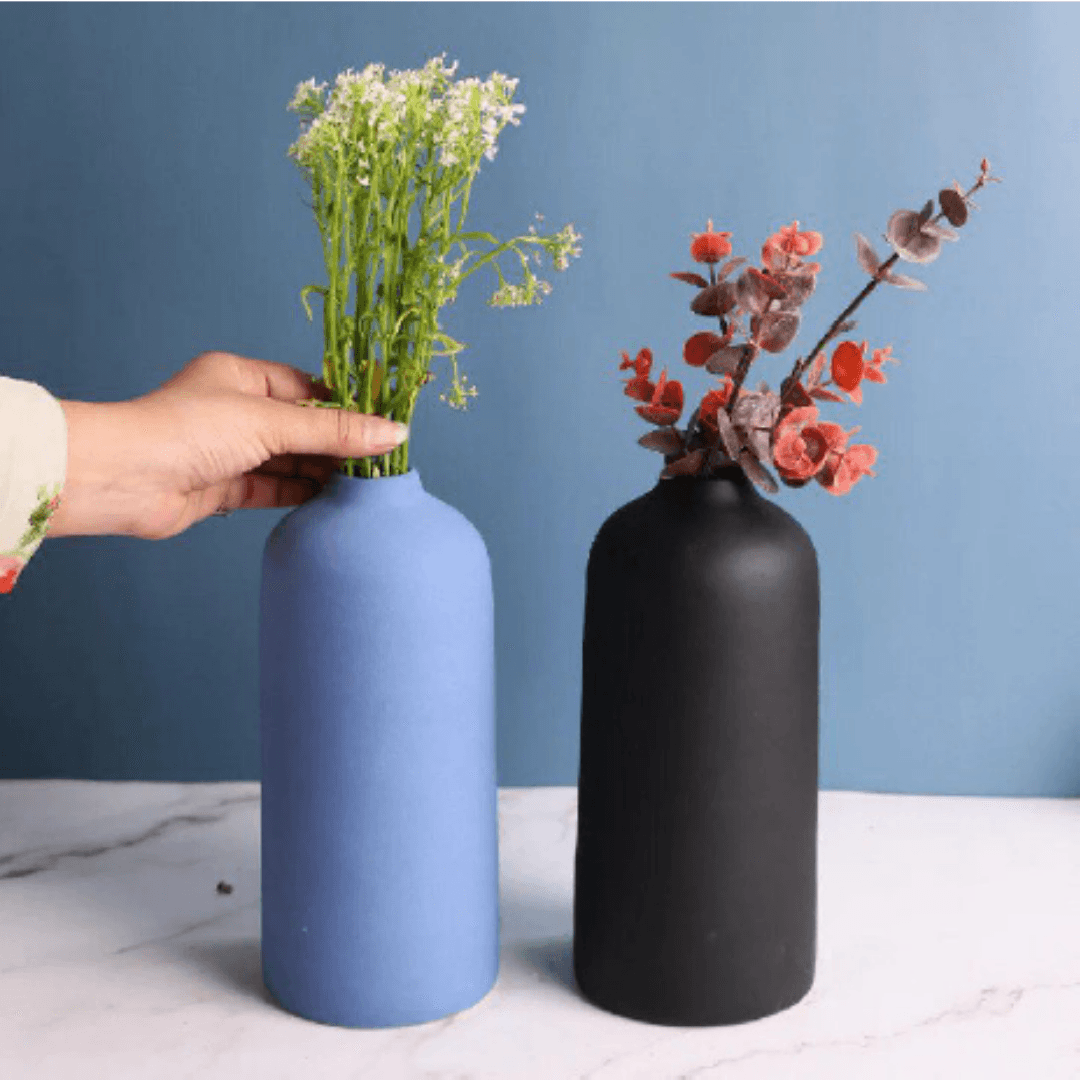 Blue & Black 2 Pieces Matt Ceramic Flower Vases - Allure Box