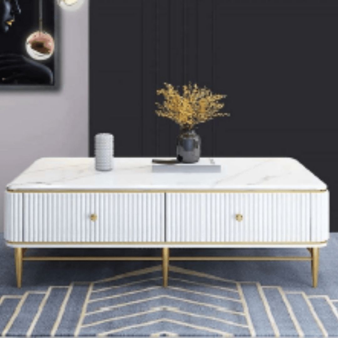 White Marble Rectangle Coffee Table In Gold - Allure Box