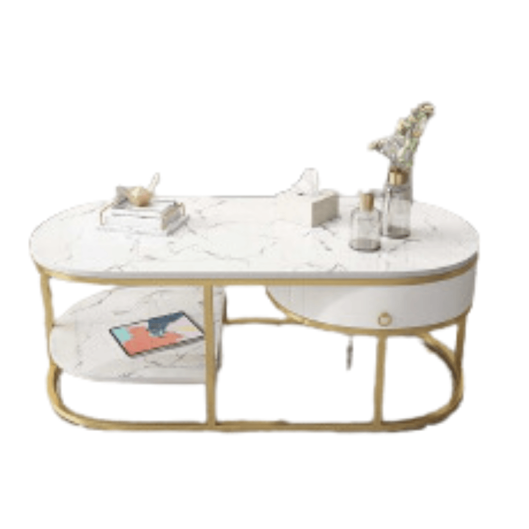 Modern Marble Coffee Table With Drawers & Shelf Metal Frame - Allure Box