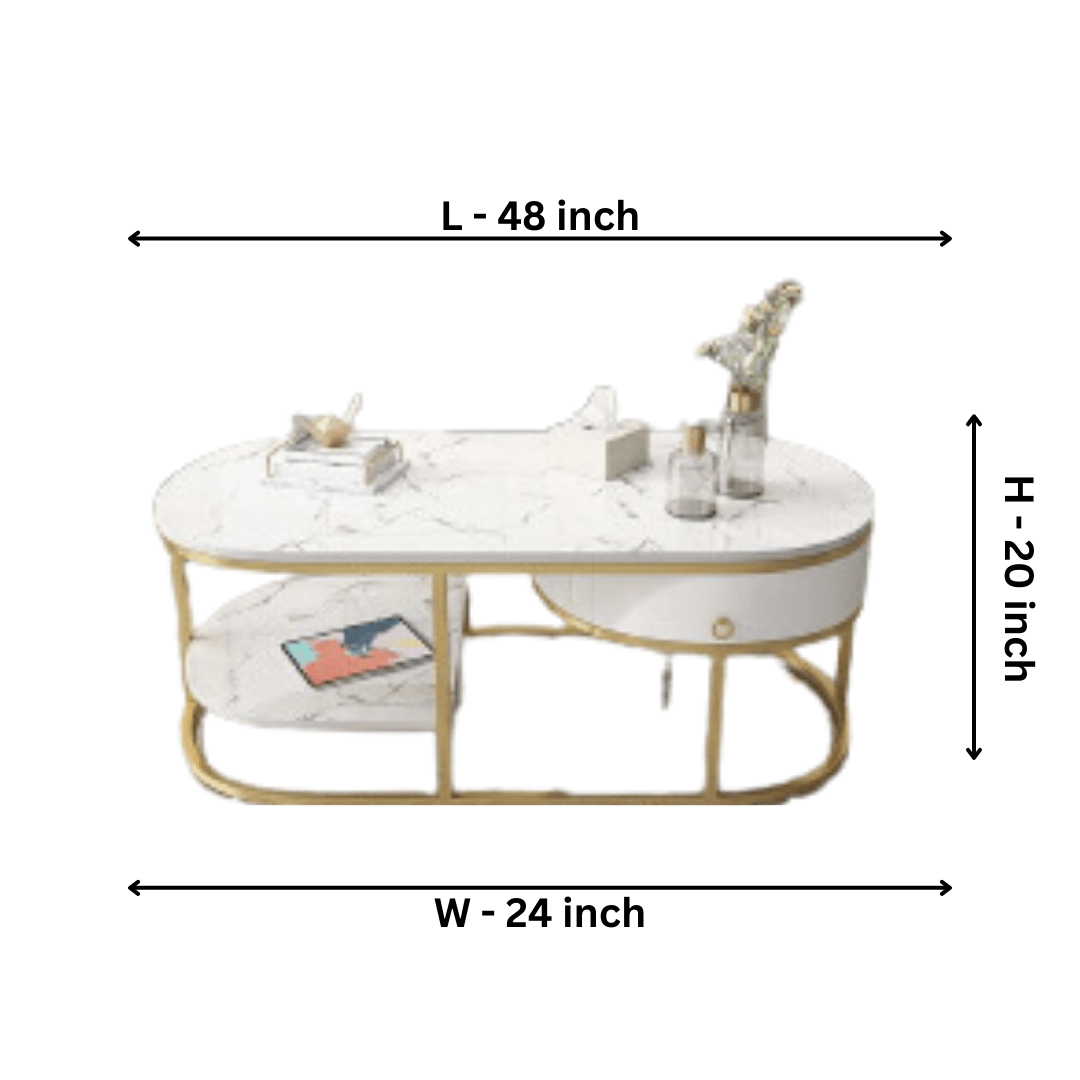 Modern Marble Coffee Table With Drawers & Shelf Metal Frame - Allure Box