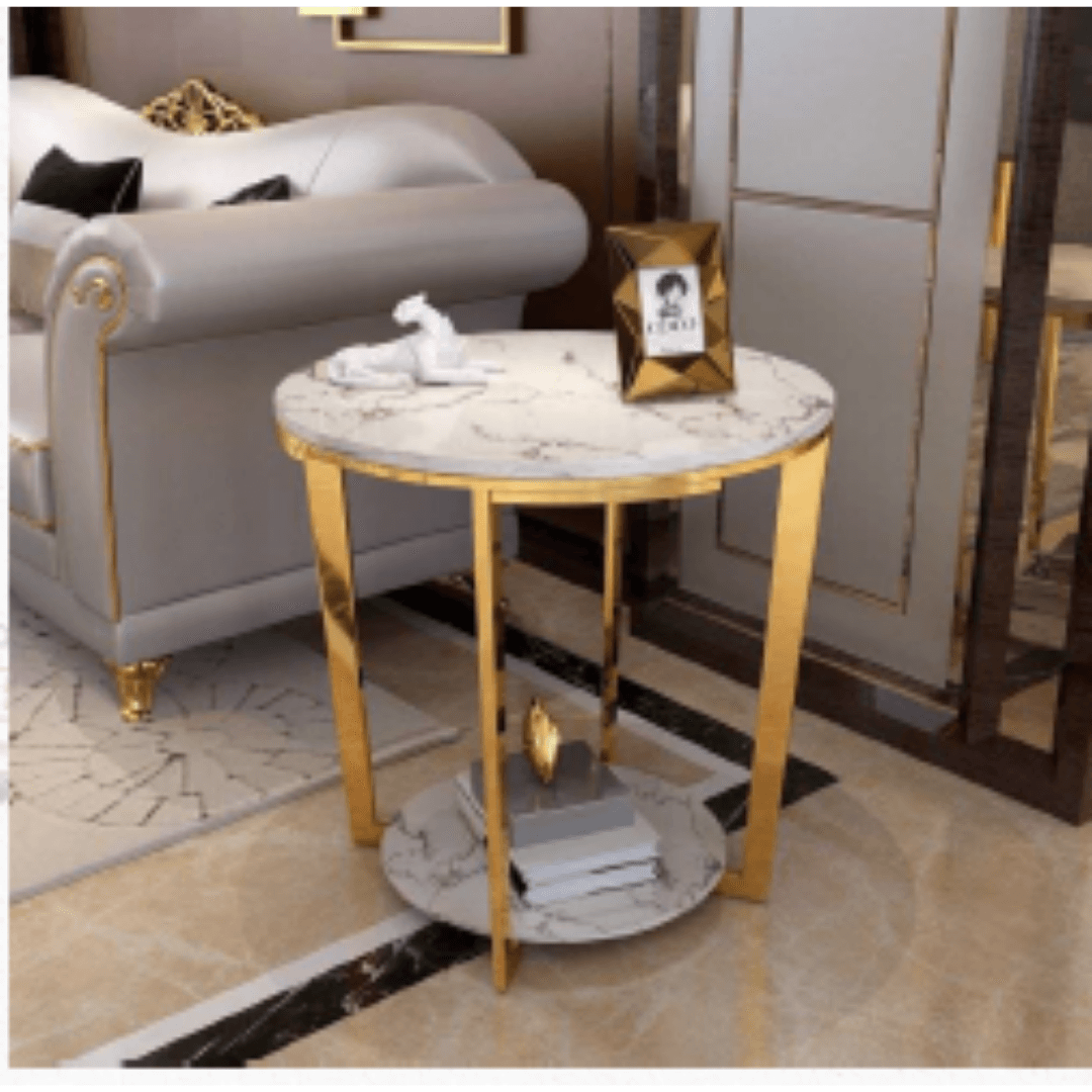 Marble Round Side Table With Shelf - Allure Box