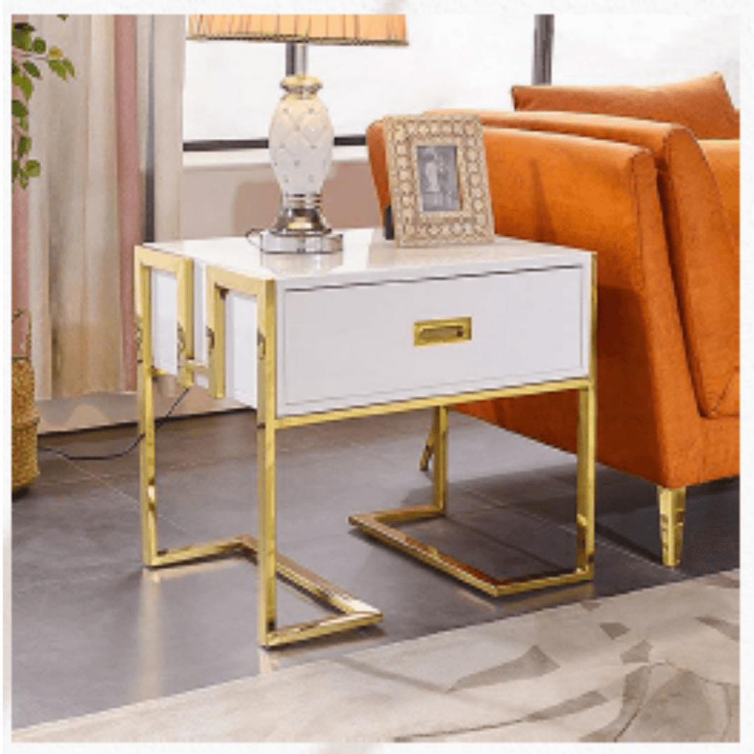Stainless Steel Gold Bedside End Table With White Top - Allure Box
