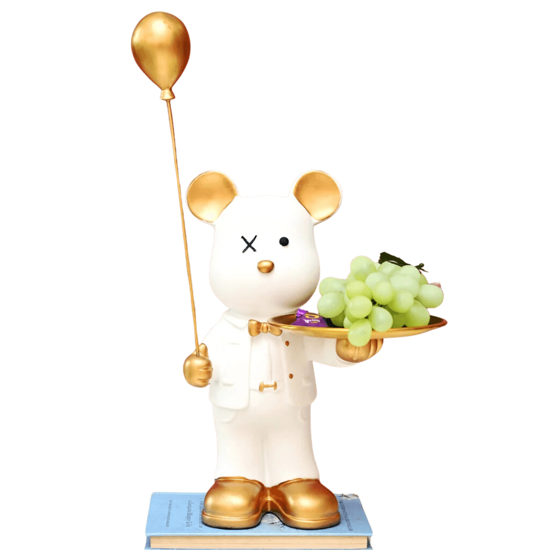 Teddy With Balloon & Plate (White) – Adorable & Elegant Decor - Allure Box