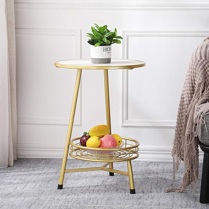 White Marble Round Shape Iron Stand Side Table