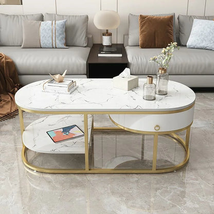 Modern Marble Coffee Table With Drawers & Shelf Metal Frame