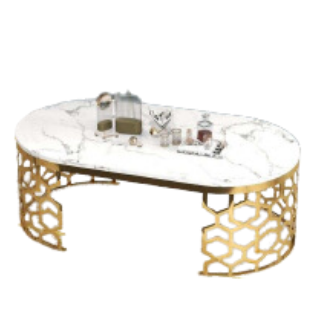 Modern Oval Coffee Table Marble Top With Stainless Steel Frame