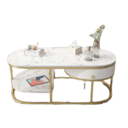 Modern Marble Coffee Table With Drawers & Shelf Metal Frame