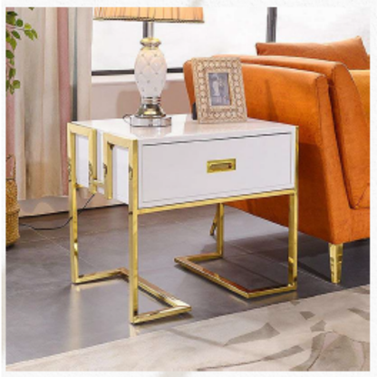 Stainless Steel Gold Bedside End Table With White Top