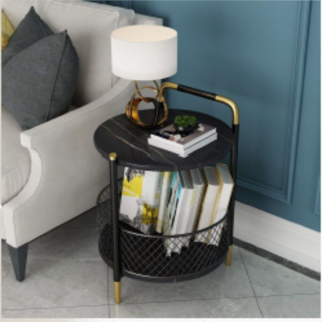 Iron Double-Layer Storage Side Table With Black Top