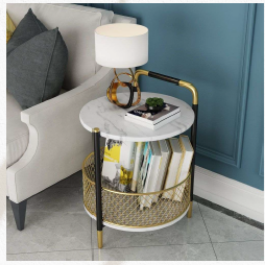 Iron Double-Layer Storage Side Table With White Top