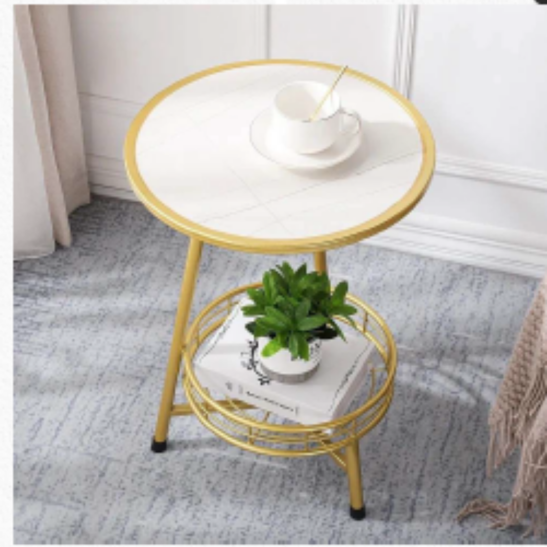 White Marble Round Shape Iron Stand Side Table