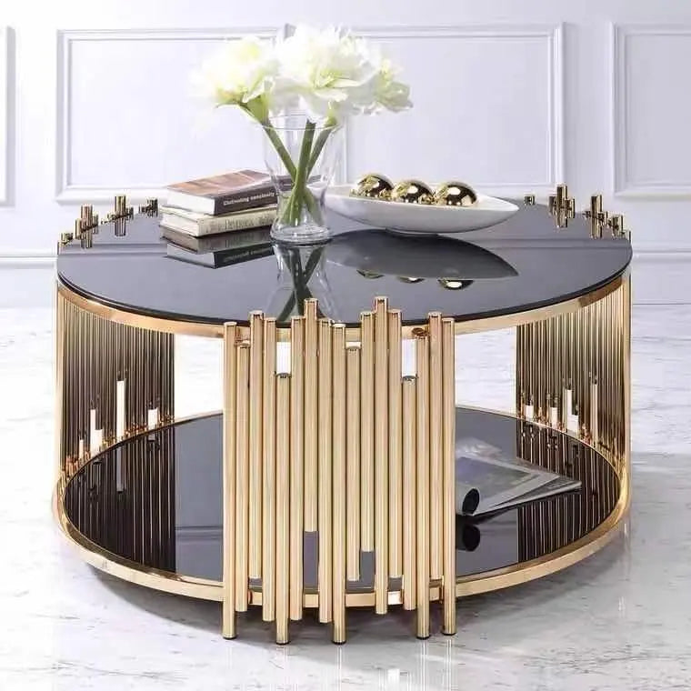 Black Glass Coffee Table In Rose Gold Frame