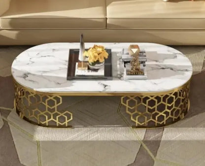 Modern Oval Coffee Table Marble Top With Stainless Steel Frame