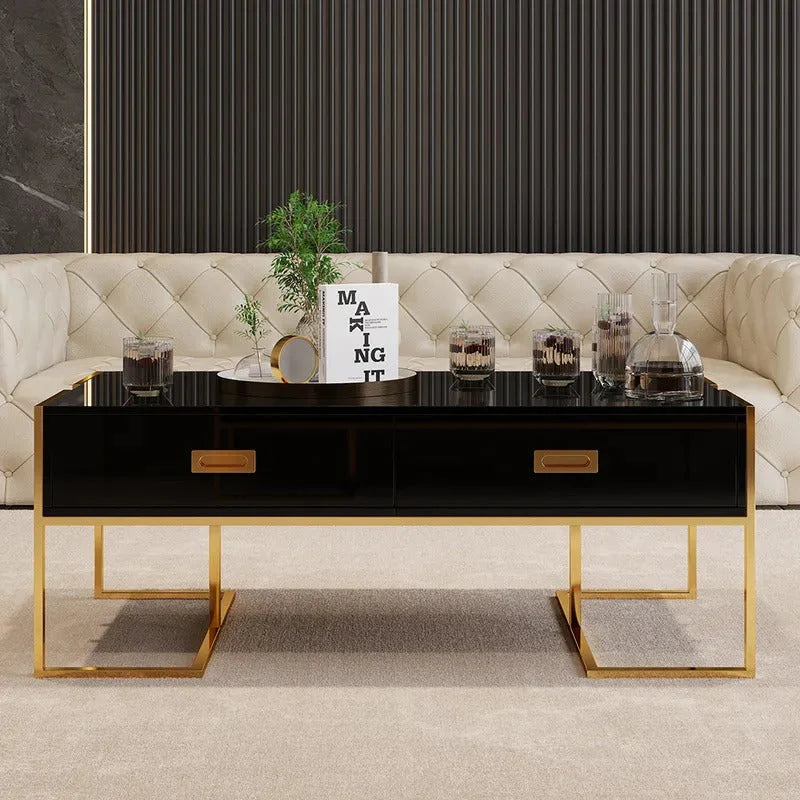 Modern Rectangular Coffee Table With Drawers Lacquer Gold Base