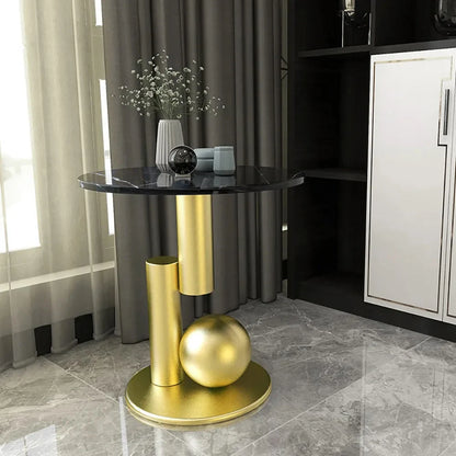 Round Marble Black Top With Abstract Metal Base Side Table