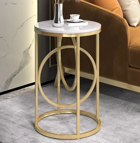 Rounded Side Table In Lavish Golden With A Premium White Marble (Iron )